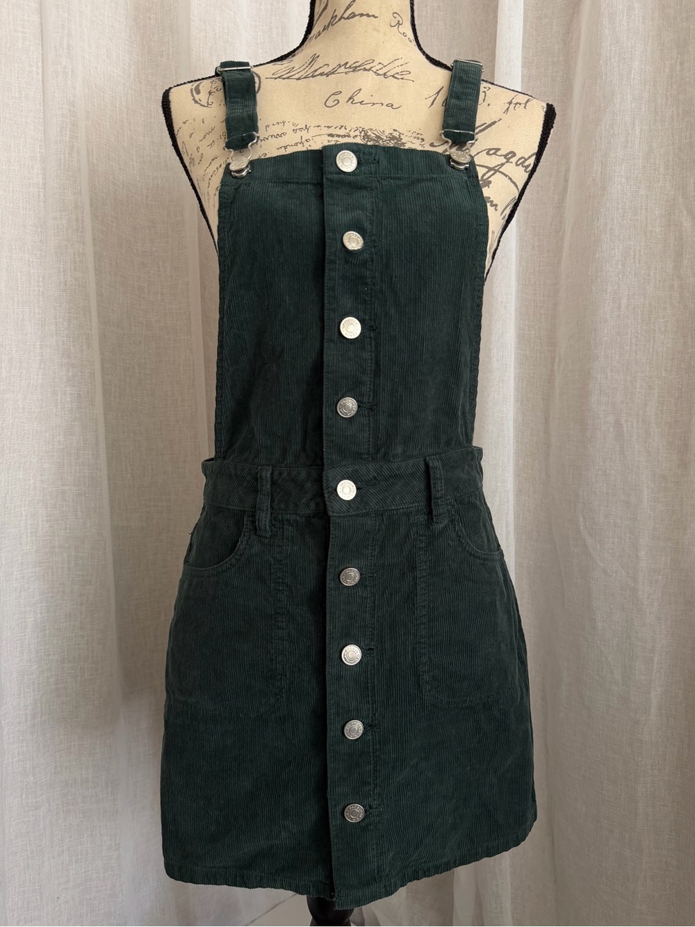 Forest Green Cotton Corduroy Overall button up pinafore dress Small by Pacsun